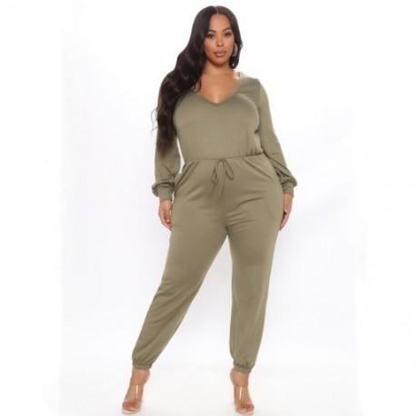 Szín: zöld 4XL - Nagy méretű jumpsuit női ruházat tömör V nyakú Bodycon sztreccs fűzős Elegáns egy darabból álló