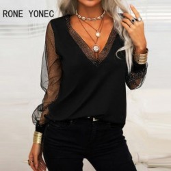 Szín: fekete XL - Női elegáns, kontrasztos hálós hosszú ujjú felső, áttetsző V-nyakú blúz felsők