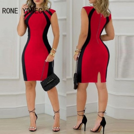 Szín: piros L - Női ruha 2023-as geometrikus mintás kerek nyakú, ujjatlan Bodycon ruha partiruha