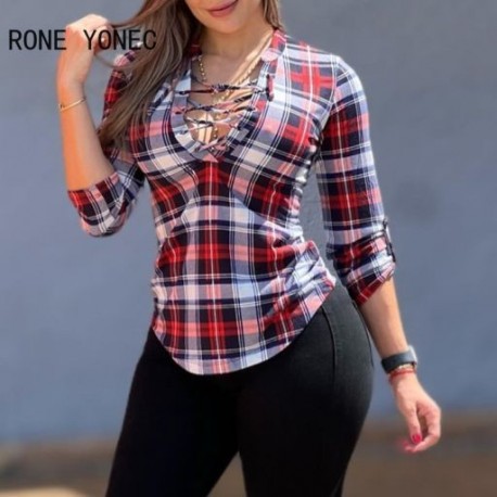 Szín: piros M - Női felsők 2023-as kockás, véletlenszerű mintás fűzős blúz Női blúz