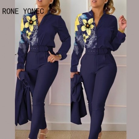 Szín: királykék M - 2023-as női alkalmi, mindenhol nyomtatott hosszú ujjú állógallér övvel, munkaing és nadrág szett