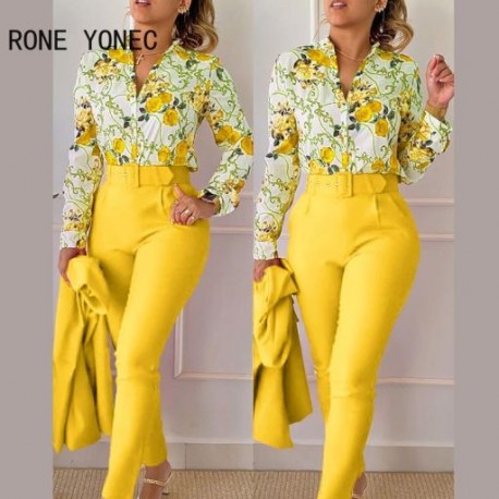 Szín: sárga M - 2023-as női alkalmi, mindenhol nyomtatott hosszú ujjú, állógallér övvel, munkaing és nadrág szett