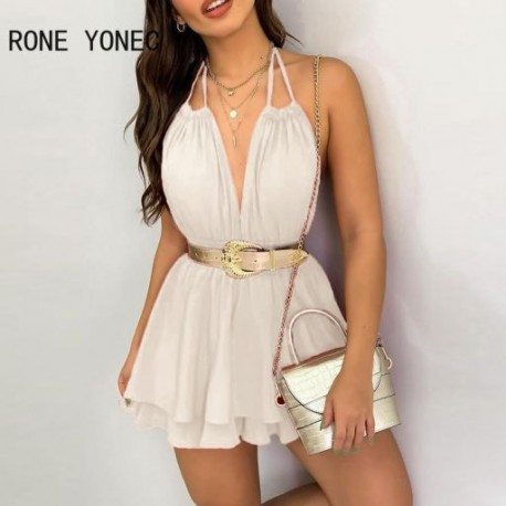 Szín: fehér S - Elegáns női ruha Polkadot mintás fodros kötőfékes tankruha mini ruha nyári vakációs ruha