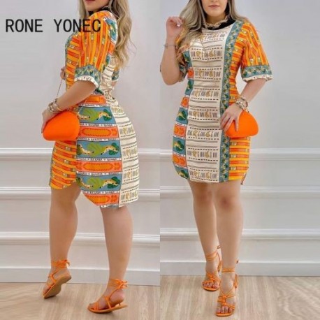 Szín: MULTI L - Női alkalmi, kerek galléros félhosszú ujjú, végignyomtatott aszimmetrikus, A-vonalú miniruha