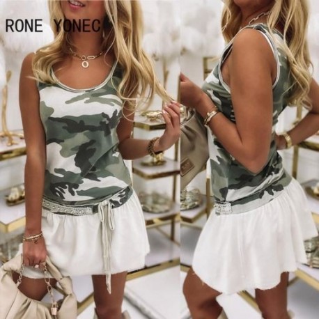 Szín: zöld S - Női terepszínű mintás Colorblock ujjatlan tankruha, elegáns ruha 2021-re