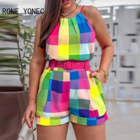 Szín: MULTI XL - Női alkalmi kötőfék ujjatlan övkockás mintás zsebbel nyári Bodycon rövid szettek