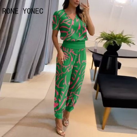 Szín: zöld XL - 2023-as női, felfújt ujjú felső és magas derekú mandzsettás nadrág szett női kétrészes szettek