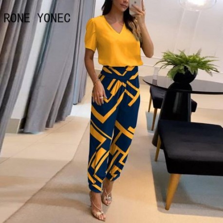 Szín: narancssárga XL - 2023-as női, felfújt ujjú felső és magas derekú mandzsettás nadrág szett női kétrészes