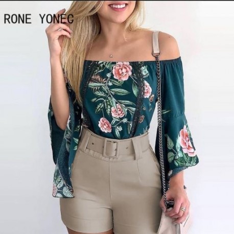 Szín: sötétzöld M - Női alkalmi grafika, vállon kívül csipke, kiszélesedő ujjú szárnyak, rövid szettek