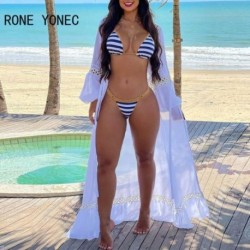 Szín: kék M - Női úszóruha 3 db csíkos nyomtatással, megkötött részletekkel ellátott bikini szett fedővel Női