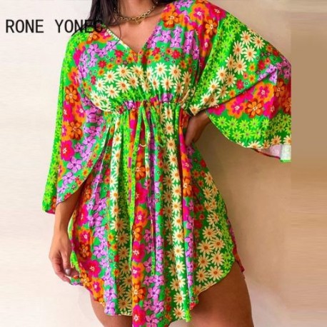 Szín: MULTI M - 2023-as női elegáns, diszty virágmintás, mély V nyakú, denevérszárú ujjú, húzózsinóros