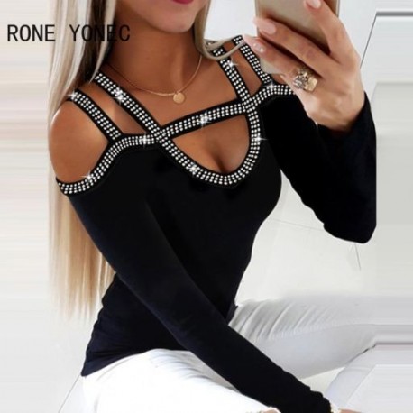Szín: fekete M - Női elegáns, egyszerű strasszos patchwork vállból, hosszú ujjú szexi fekete blúz felsők