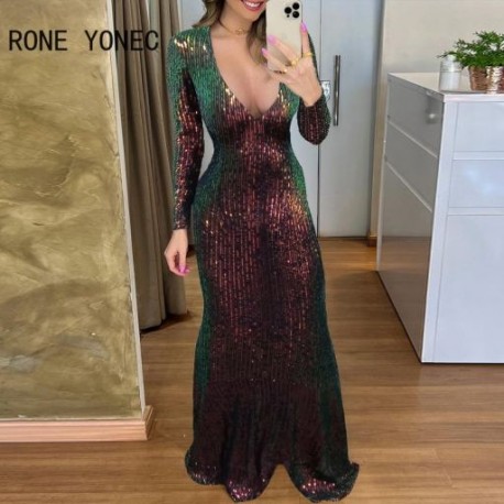 Szín: MULTI L - Elegáns női elegáns, mély V nyakú színátmenetes Maxi Bodycon szexi hivatalos party ruha