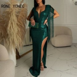 Szín: sötétzöld L - Női Elegáns Elegáns Mély V nyakú flitterek Bojt magas iszapos hát nélküli Maxi Bodycon Szexi