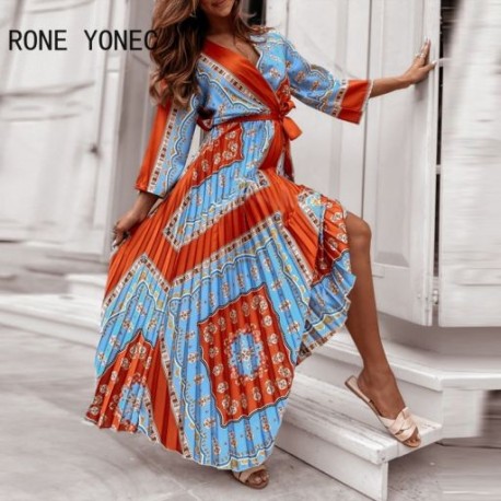 Szín: MULTI L - Elegáns, mély V nyakú női nyomat övvel redőzött maxi A-vonalú hivatalos party ruha