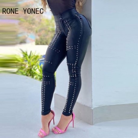 Szín: fekete XL - Női tömör PU bőr cipzáras derékrészlet Rivet Skinny Black Pencil Pants