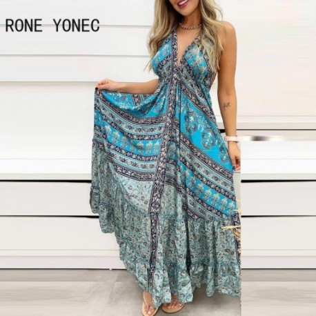 Szín: MULTI XL - Női Elegáns All Over Print Mély V nyakú kötőfék, Fűzős Hát nélküli szexi maxi nyári vakációs