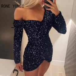 Szín: kék M - Elegáns női flitterek, hosszú ujjú, szexi mini Bodycon partiruhák