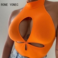 Szín: narancssárga L - Női Elegáns Szexi Solid Hollow Out Halter Criss Cross Summer Camis Bodycon Crop felsők
