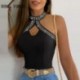 Szín: fekete XL - Női Elegáns Szexi Hollow Out Halter Ujjatlan strassz dekoráció Nyári alkalmi szexi Camis Crop felsők