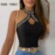 Szín: fekete XL - Női Elegáns Szexi Hollow Out Halter Ujjatlan strassz dekoráció Nyári alkalmi szexi Camis Crop felsők
