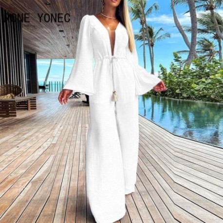 Szín: fehér L - Női Elegáns Kontraszt Hálós Patch Perspektivikus Hosszú Fleleujj Összehúzós Egyenes Jumpsuit