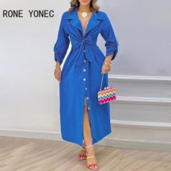 Szín: kék L - Női elegáns divatos, tömör gombos, lehajtható gallérú masni Bodycon Maxi farmer ruhák