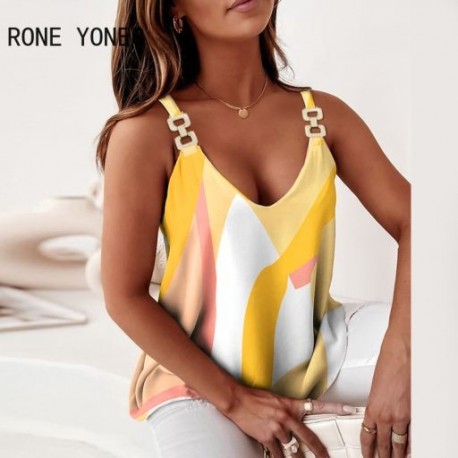 Szín: sárga L - Női, elegáns, szexi Geo Print V nyakú ujjatlan nyári alkalmi Camis Crop felsők