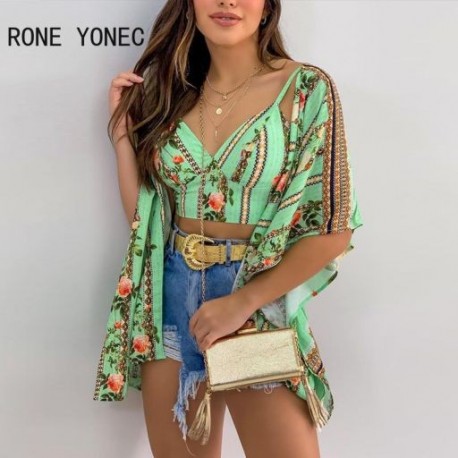 Szín: zöld XL - 2023-as női alkalmi szexi Cami felső, belül, denevérszárnyú ujjú, mindenhol nyomtatott két darabból