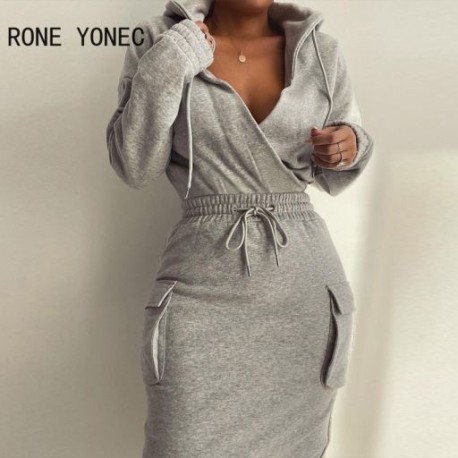 Szín: szürke XL - Női tömör kapucnis ragasztószalagos hétköznapi becsomagolt ruha, hosszú ujjú zsebes, rugalmas