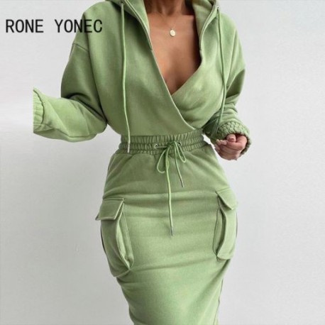 Szín: világoszöld XL - Női tömör kapucnis ragasztószalagos hétköznapi becsomagolt ruha, hosszú ujjú zsebes, rugalmas