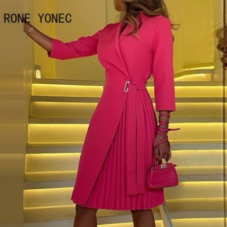 Szín: Rose Red M - Elegáns női, háromnegyedes ujjú, fűzős vonalú mini redőzött hivatalos munkaruhák
