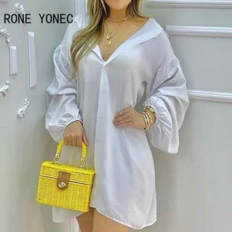 Szín: fehér L - Női alkalmi, mély V nyakú galléros hosszú lámpás ujjú gombos A-vonalú miniruha