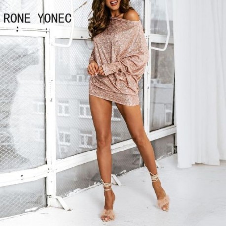 Szín: Champagne XL - Női tömör, szexidiagonális gallérral flitterek, denevérszárnyú ujjak, Bodycon mini szexi