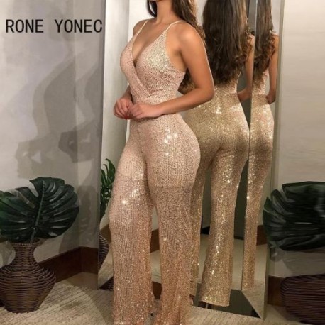 Szín: arany XL - Női szexi mély V nyakú spagetti pántok flitterek normál egyenes lábú szexi jumpsuit