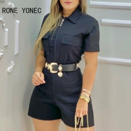 Szín: fekete XL - Női, rövid ujjú zsebkialakítású Romper alkalmi női kombiné