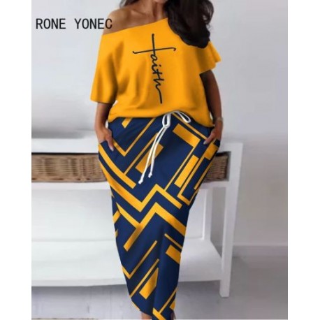 Szín: narancssárga XXL - Nagy méretű női elegáns, sima gallér, mindenre nyomtatott felső és szoknya alsó