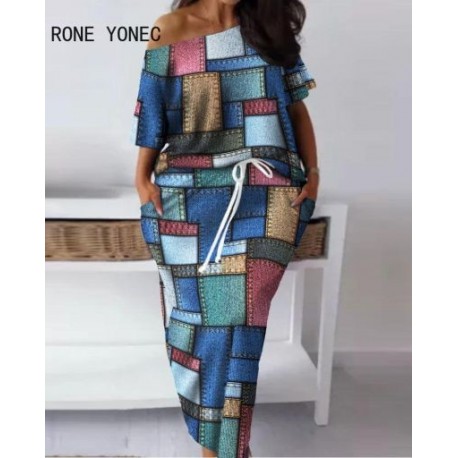 Szín: MULTI XXL - Nagy méretű női elegáns, sima gallér, mindenre nyomtatott felső és szoknya alsó húzózsinóros