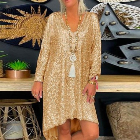 Szín: arany S - Női elegáns flitteres V nyakú, hosszú ujjú aszimmetrikus szexi mini laza buliruhák