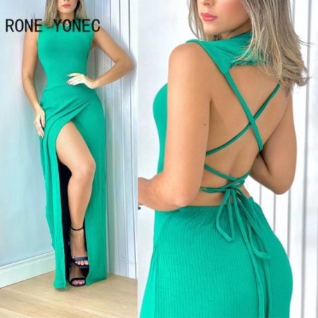 Szín: türkiz M - Női masszív szexi bodycon fűzős, magas iszapos maxi szexi kötő hát nélküli ünnepi ruhák