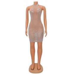 Szín: sárgabarack L - Nightclub Mesh Hot Drill Bodycon ruha Női Szexi Vállal szemben Vestidos Elegáns alakformáló báli