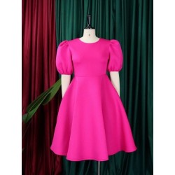 Szín: Rose Red XXXL - Gyönyörű, derék formájú estélyi koktélos midi ruha női, rövid nyakú, puffos ujjú Vestidos