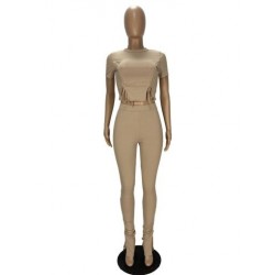 Szín: Khaki M - Női atléta Ruched húzózsinóros rövid ujjú Crop Top és osztott szegélyű, flare Bell Alsó nadrág