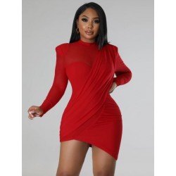 Szín: piros L - Női, retro átlátszó, átlátszó hálós ruched Bodycon miniruhák klasszikus nyakú, hosszú ujjú, derék