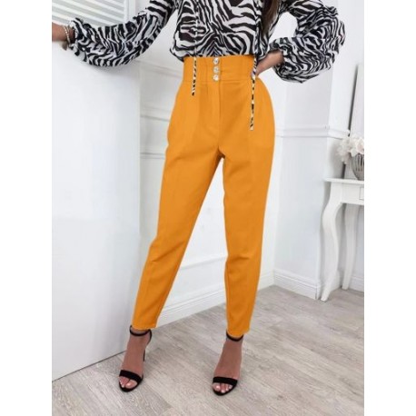 Szín: sárga XL - Elegáns divat női magas derekú gombos záródású ceruza hosszú nadrág irodai női üzleti munkaruha