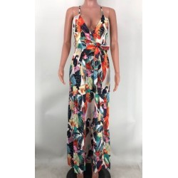 Szín: Multi XXL - Vintage virágmintás női boho smokett sundress nyári spagetti pántos V nyak oldalt magas, osztott padló