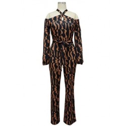 Szín: kávé XL - Esztétikus nyomtatás Elegáns nadrágos női jumpsuit hideg váll hosszú ujjú egyrészes overál Vintage