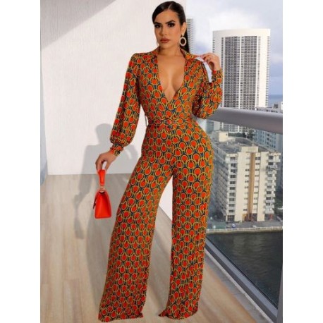 Szín: piros L - Lenyűgöző nyomtatású Bodycon széles lábú jumpsuit lányoknak póló nyakú teljes ujjú egyrészes