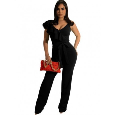 Szín: fekete XXL - Lépcsőzetes fodros Elegáns Römperek Női Jumpsuit Mély V nyakú, ujjatlan egyrészes overálok