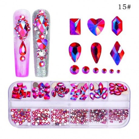 Szín: 15 - 12 rács/szett Multi Design lapos hátú 3D köröm strassz Fényes AB kövek Drágakő bűbáj dekor kézimunka